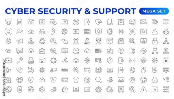 Fototapeta Cyber security and support icon set. Data protection symbol. Secured network collection. Technology concept. Vector illustration. Customer Service and Support - Outline Icon Collection.