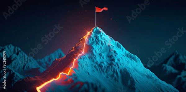 Obraz A glowing light path leading to the top of a snowy mountain peak with a flag success and goal achievement or personal development as a road going up a hill to the mountainside on a dark background