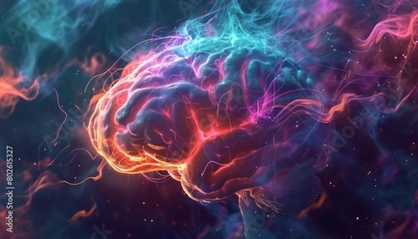 Fototapeta Dynamic visualization of human thought, showcasing intricate neural connections and intellectual depth through realistic brain structures and vibrant colors.