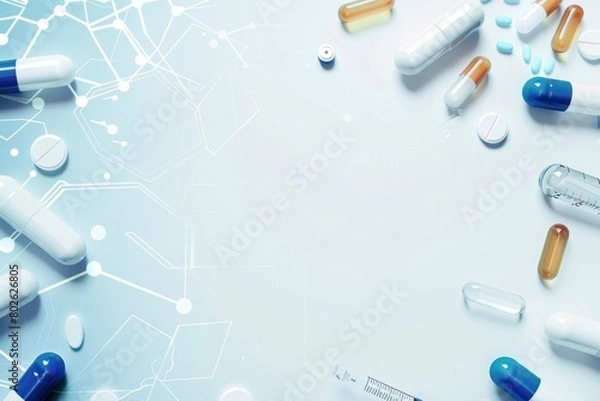 Obraz Medical theme presentation slide background template with icons of pills and capsules. Medical health information background (Pharmacy)