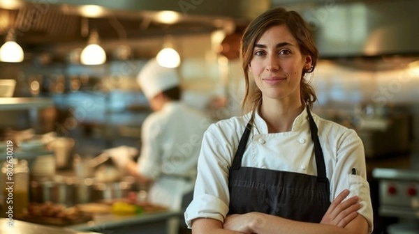 Fototapeta In her kitchen, a woman chef, owner of a small restaurant, smiles warmly as she looks at the camera, embodying the passion and dedication behind her culinary business in a portrait of entrepreneurial 