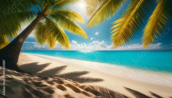 Obraz Tropical Beach Paradise: Palm Shadows on Azure Blue Waters