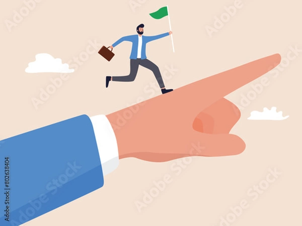 Fototapeta businessman runs atop a giant hand, which is pointing in the same direction, while holding a flag Illustration of leadership and guiding team members in business direction