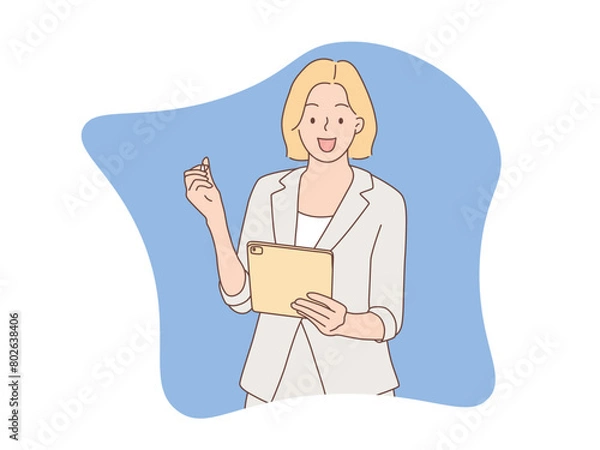 Fototapeta Experience the charm of hand drawn style vector illustrations featuring a woman holding a computer tablet and pen. Perfect for digital technology and business designs