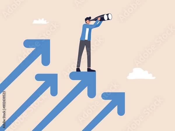 Fototapeta A man stands on an arrow, observing forward. Illustration of company success, moving forward, challenges, and growth