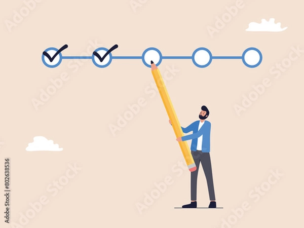 Fototapeta A man is depicted using a large pencil to mark a checkbox on an empty circle, symbolizing project tracking, goal tracking, and task completion