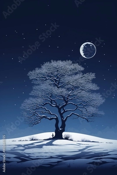 Fototapeta Serene winter landscape with a lone tree under a full moon