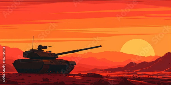 Fototapeta A tank is positioned on the edge of the desert at sunset, embodying heroic masculinity, silhouette lighting, and colorful animation stills.