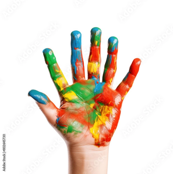 Fototapeta Open hands painted in colorful colors on a white background, symbolize creativity and joy. Generative AI
