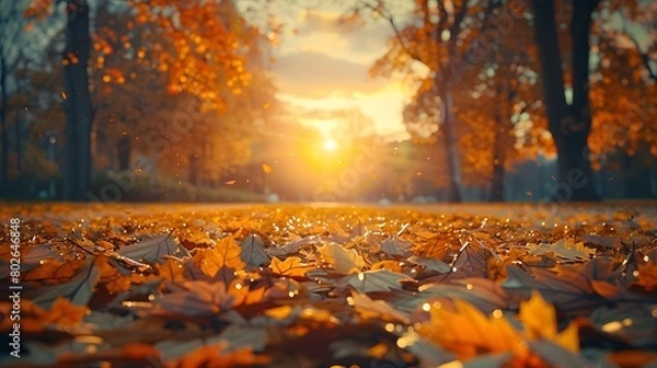 Fototapeta Autumn background with golden leaves on the ground in a park at sunset. A beautiful autumn landscape. An autumn concept.