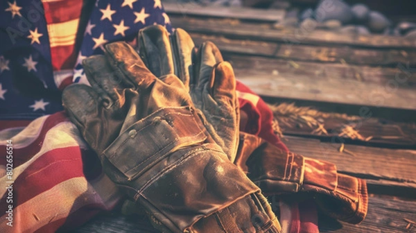 Obraz American flag with work gloves on wooden background