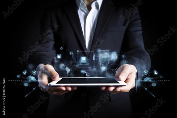 Fototapeta a man in a suit holds a tablet with the words technology on it.