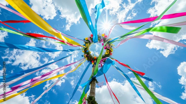 Obraz Colorful ribbons on maypole under blue sky with sun rays