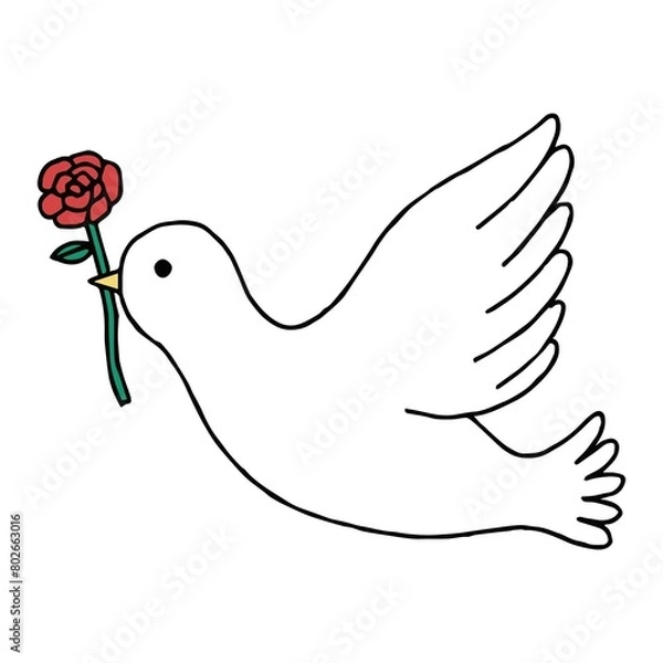 Fototapeta バラをくわえた白い鳥