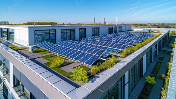 Fototapeta Modern Office Building with Solar Panels on Rooftop, Clear Sky Background, Aerial View, Showcasing Sustainable Energy and Eco-Friendly Design