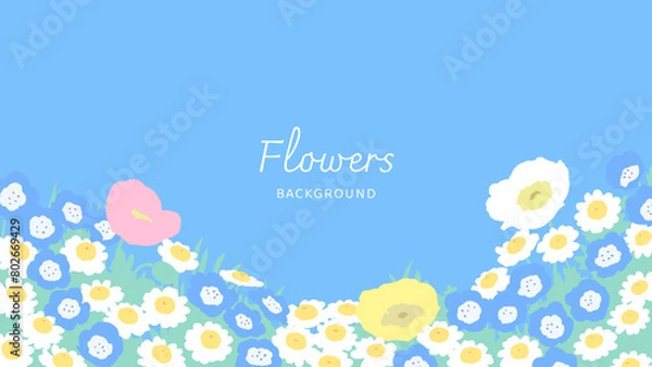 Obraz お花畑の広がる背景-ポピー・デイジー・ネモフィラ
