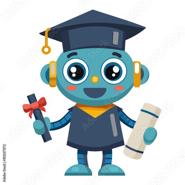 Fototapeta A friendly robot with a graduation cap and diploma
