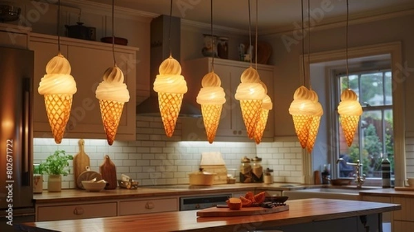 Fototapeta Home kitchen decorated with a series of ice cream cone lamps above the breakfast nook, adding a fun and quirky touch to family meal times , Prime Lenses