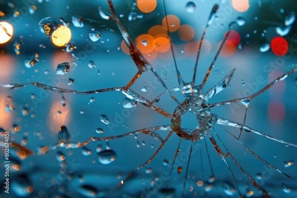 Fototapeta A broken windshield covered in raindrops, reflecting the shattered glass and the droplets on its surface