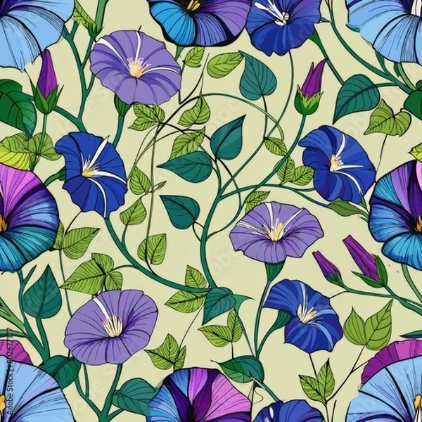 Fototapeta Seamless pattern of dew-kissed morning glories climbing on fences, Generative AI