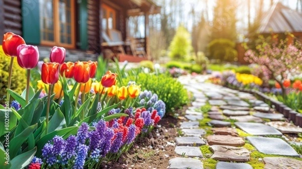 Fototapeta Vibrant spring garden with colorful tulips, hyacinths, and a pathway leading to a cozy log cabin.