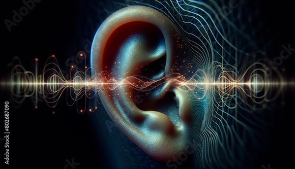 Fototapeta A macro shot of an ear with sound waves emanating from it, blending the organic with the digital world.