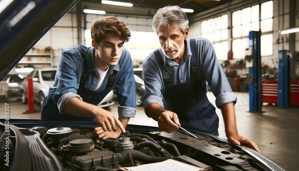 Fototapeta An experienced mechanic teaching a younger apprentice by pointing at a crucial part under the hood of a car in a well-lit, spacious garage.