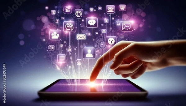 Fototapeta A series of digital icons representing different communication tools like chat, video calls, and email floating above a tablet screen with a hand.