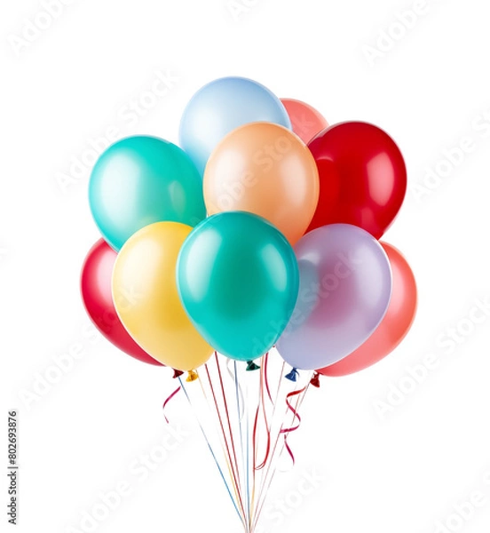 Fototapeta A vibrant collection of colorful balloons with glossy textures, tied together, floating joyfully. Generative AI