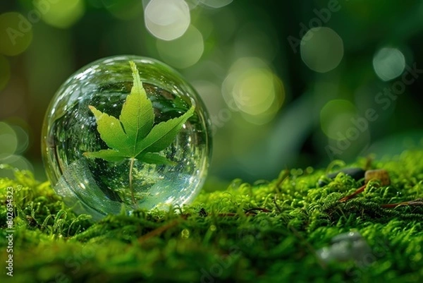 Fototapeta Glass globe with green leaf on moss background. Save the world concept
