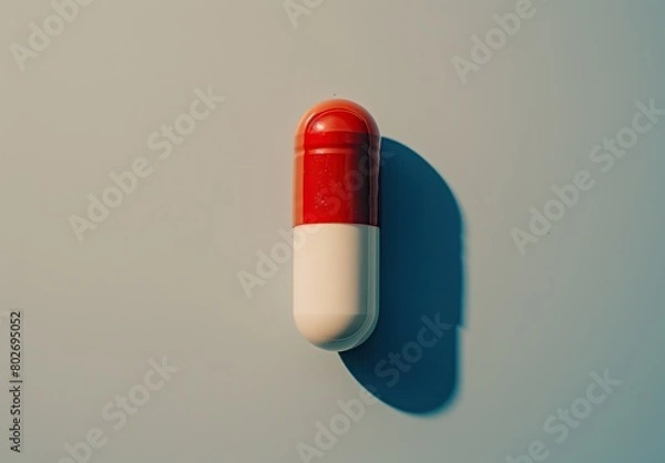 Fototapeta Red and white pill on a gray background. 3d rendering.