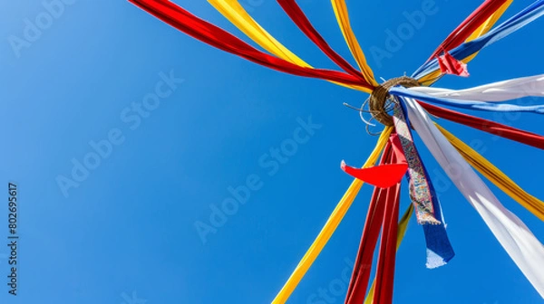 Obraz Colorful ribbons against blue sky from a maypole or festival decoration