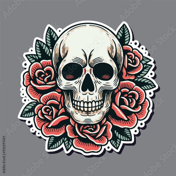 Fototapeta Old school traditional tattoo inspired cool graphic design illustration skull with roses and flames on black background..