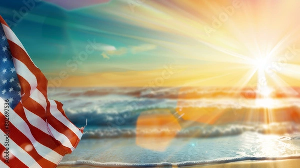 Obraz American flag on beach at sunrise