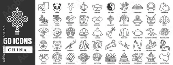 Fototapeta 50 China icon collection in line style with name in every icon