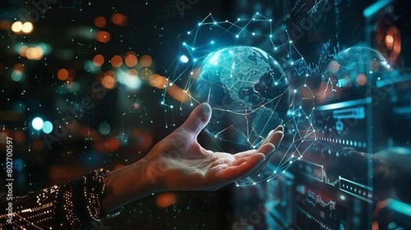 Fototapeta Connectivity in global hospitality, showcasing electronic check-in systems and digital travel networks on a virtual interface. Illustrates concepts of technology, innovation, and hospitality.