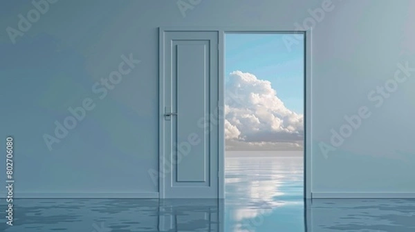 Fototapeta Dream-like scenery captured through a gray door, showcasing clouds and a reflective lake, designed to grow with a young person's changing tastes