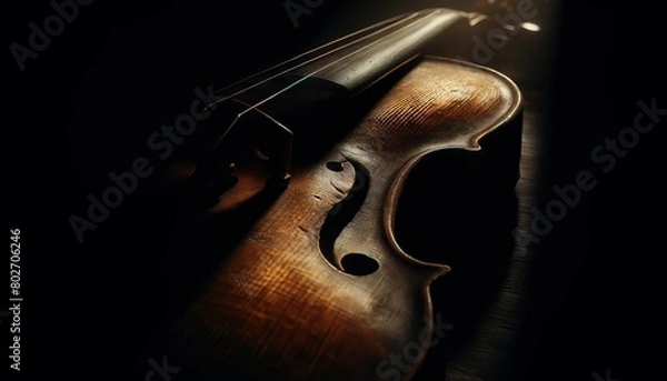 Fototapeta A close-up of an old, textured violin resting in the shadows with a single ray of light illuminating its strings and wood grains.