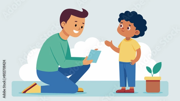 Fototapeta A parent and child using roleplaying to practice and improve certain social skills such as initiating conversations or making eye contact.. Vector illustration
