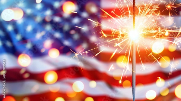 Fototapeta American flag with fireworks and bokeh lights