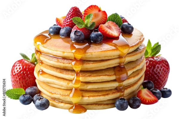 Fototapeta Isolated Pile of Pancakes: A stack of fluffy pancakes isolated on a transparent background, drizzled with syrup and topped with fruit, perfect for breakfast menus and brunch-themed designs.
