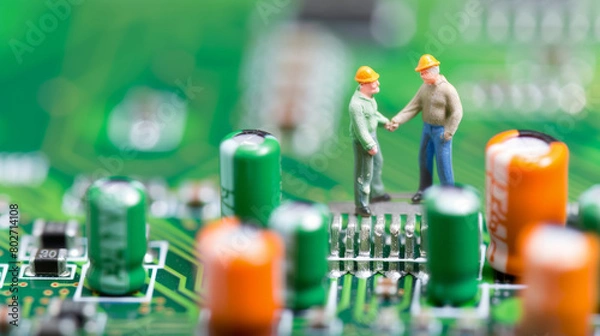Obraz miniature workers on circuit board handshake