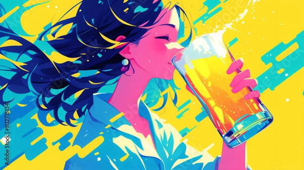 Fototapeta ビールを飲む女性のイラスト