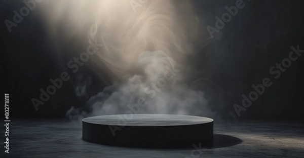 Fototapeta Empty podium with smoky black studio background. Smoked product platform
