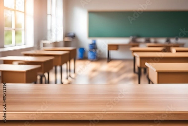 Fototapeta empty wooden desk in classroom
