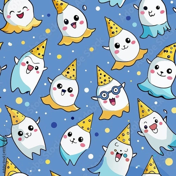 Fototapeta Seamless pattern of cheerful ghost puppies with party hats, Generative AI