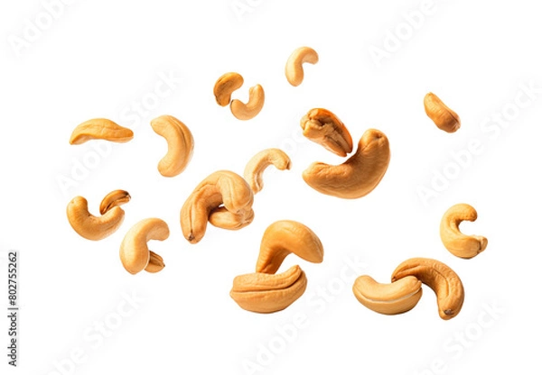Obraz Scattered cashew nuts float on a transparent background. Generative AI