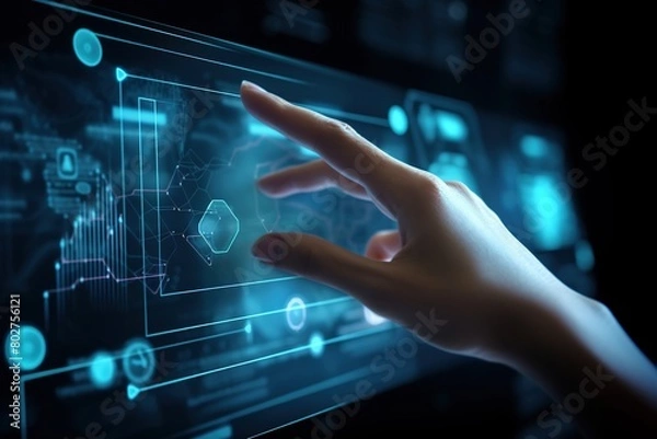 Fototapeta a hand is touching a tablet with a blue screen that says " the universe