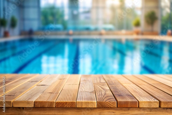 Fototapeta Wooden top with blurred empty Swimming pool background can be used for mocking up or display product to make advertising.