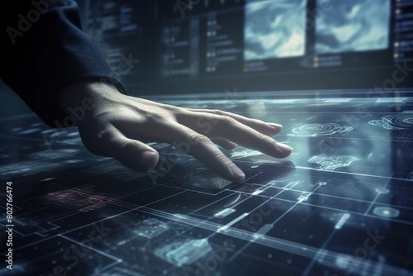 Fototapeta a hand on a digital tablet with a digital display in the background.